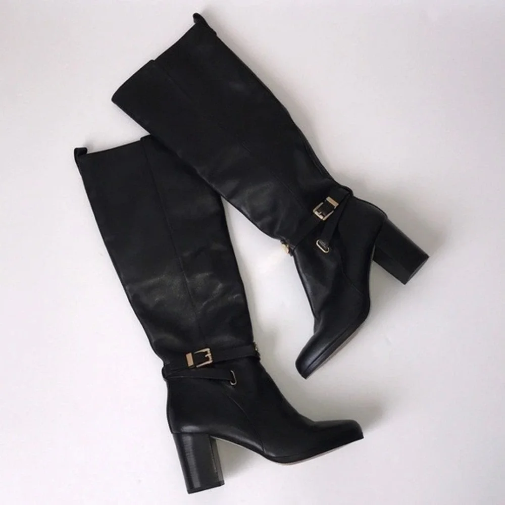 Michael Kors Arley Black Leather‎ Knee High Boots Gold Zipper Size 8 - Picture 2 of 8